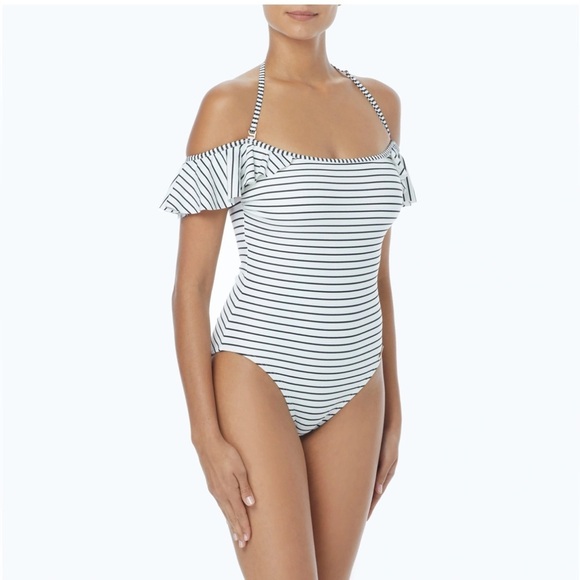 Vince Camuto Blossom Stripes Ruffle Off the Shoulder One Piece Swimsuit NWT - Picture 2 of 10